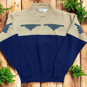 Lahmar Vintage 70s Pullover Navy Tan Wool Blend Sweater Men's Size Large